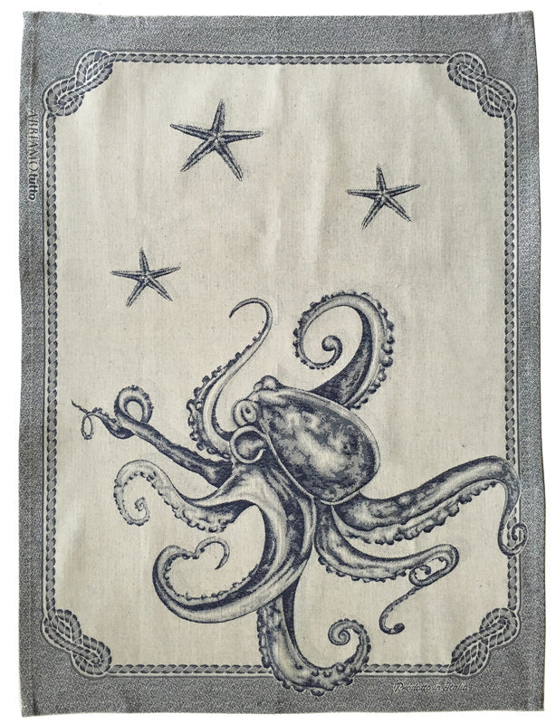 Octopus Dish Towel Set - Rope Boarder - 3 Starfish - Large Octopus - Blue & Tan - Coastal Compass Home Decor