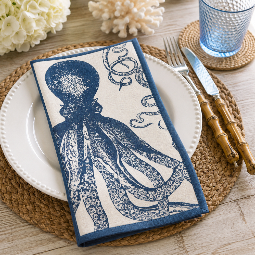 Napkin with octopus design on a table setting with white flowers and a glass.