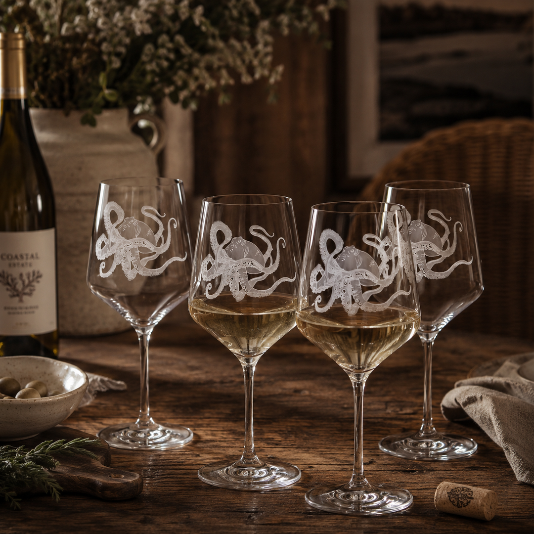 Octopus Crystal Sand Carved White Wine Glasses