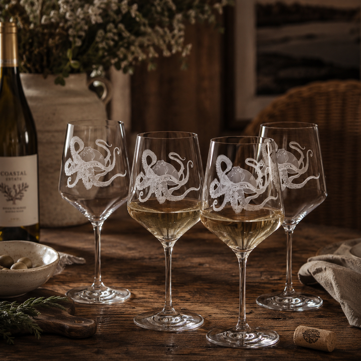 Octopus Crystal Sand Carved White Wine Glasses