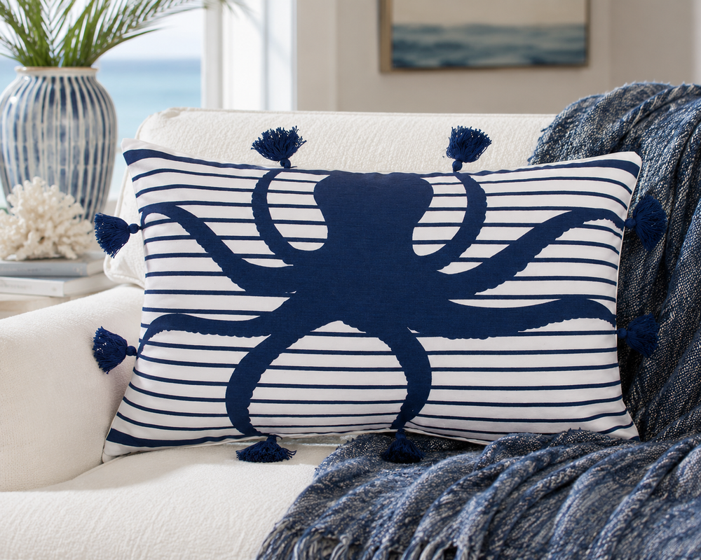 Navy blue and white striped octopus throw pillow with tassel accents styled on a cream sofa in a bright coastal living room.