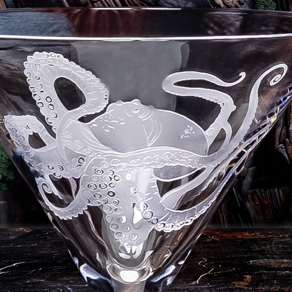 Octopus Crystal Sand Carved Martini Glasses - Textured octopus design wrapping glass - Coastal Compass Home Decor