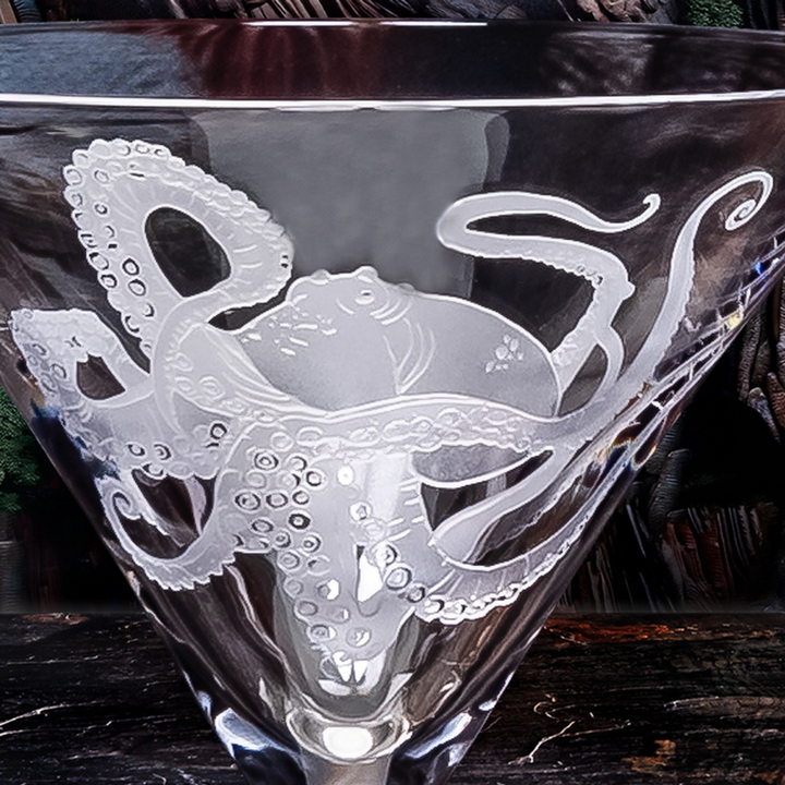 Octopus Crystal Sand Carved Martini Glasses - Textured octopus design wrapping glass - Coastal Compass Home Decor
