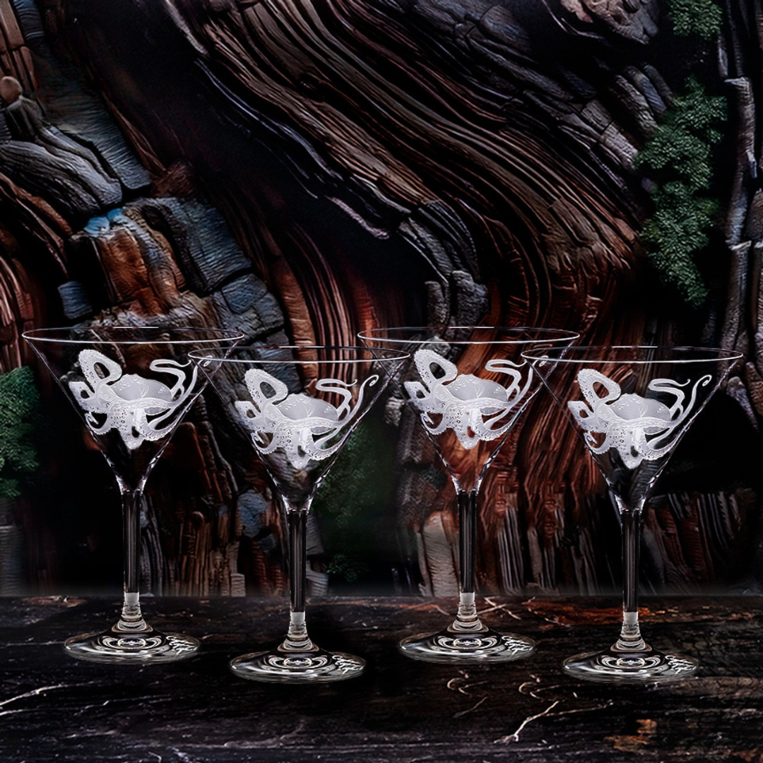 Octopus Crystal Sand Carved Martini Glasses - Textured octopus design wrapping glass - Coastal Compass Home Decor