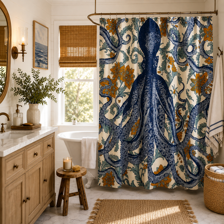 Octopus Vineyard Coastal Cotton Shower Curtain