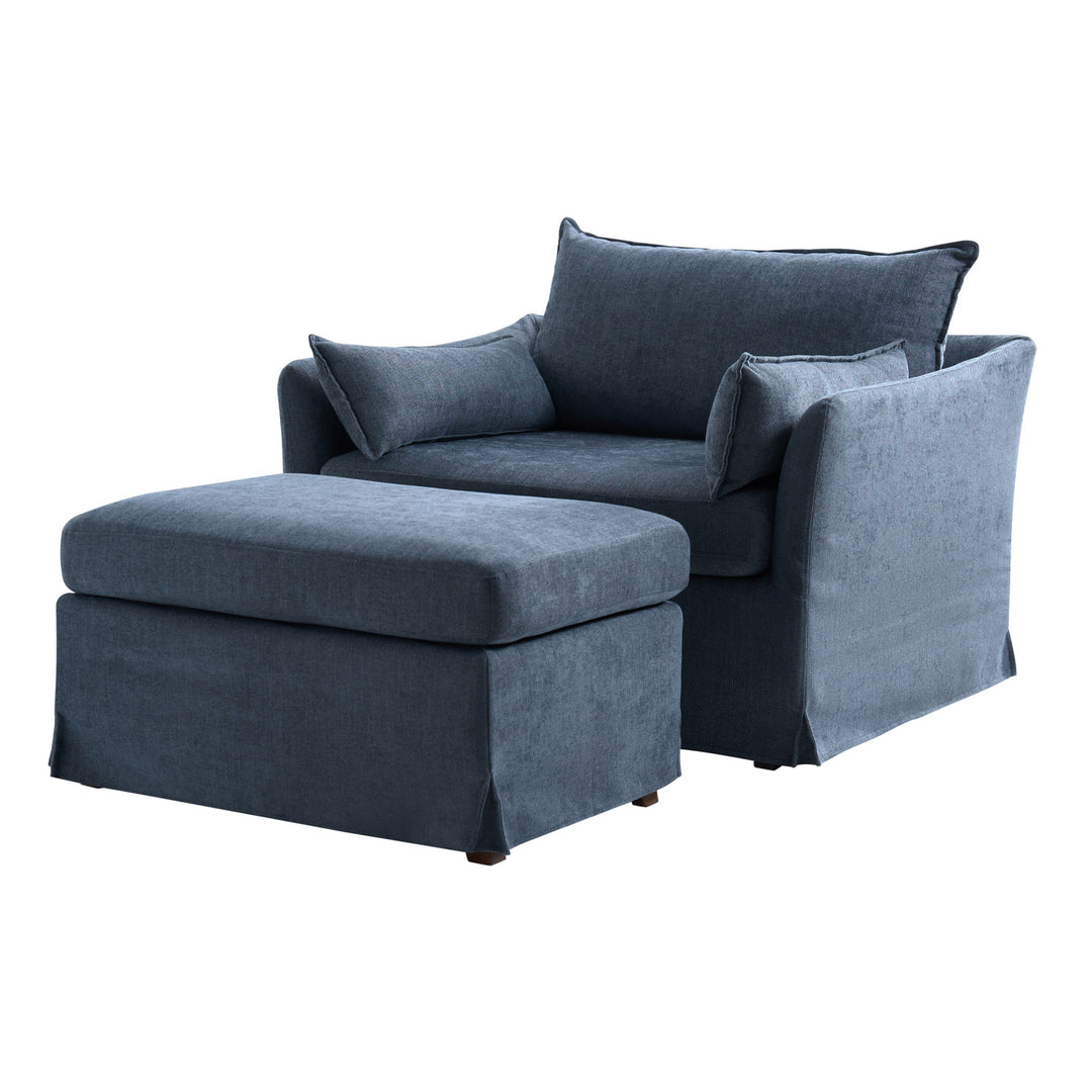 Pacific Haven slipcover armchair with ottoman in soft blue fabric