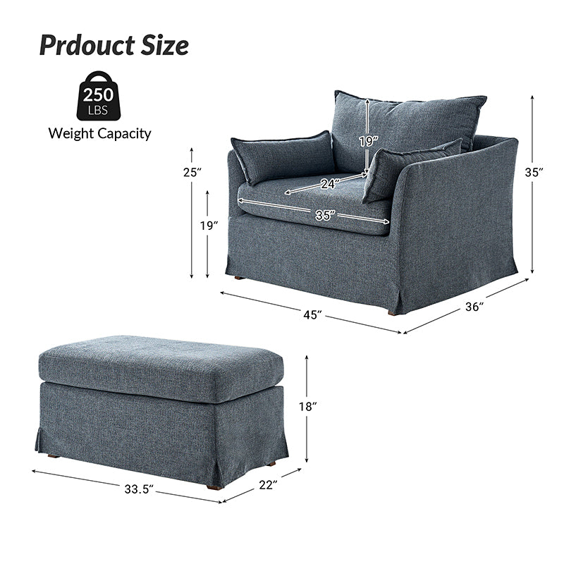 Comfortable coastal armchair and ottoman set in blue upholstery with chair and ottoman dimensions