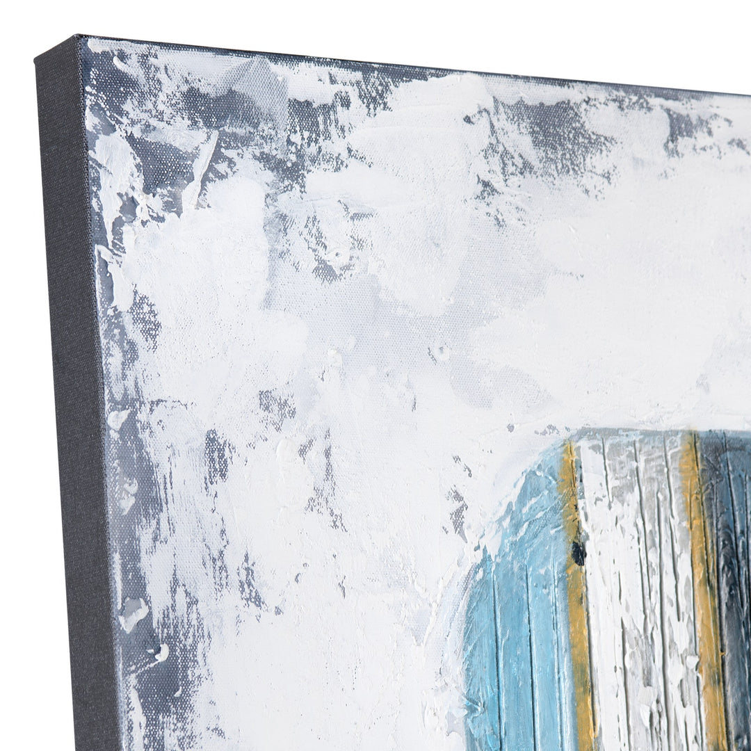 Abstract art piece with white, blue, and gold colors on a textured background