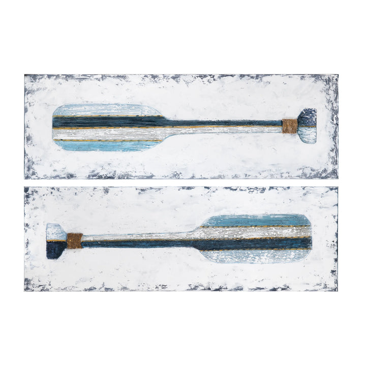 Two decorative oars on a white background