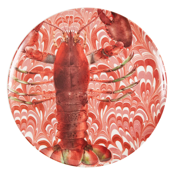 Red lobster melamine dinner plate featuring a coral marbleized background with vibrant coastal sea life artwork inspired by vintage Palm Beach style.
