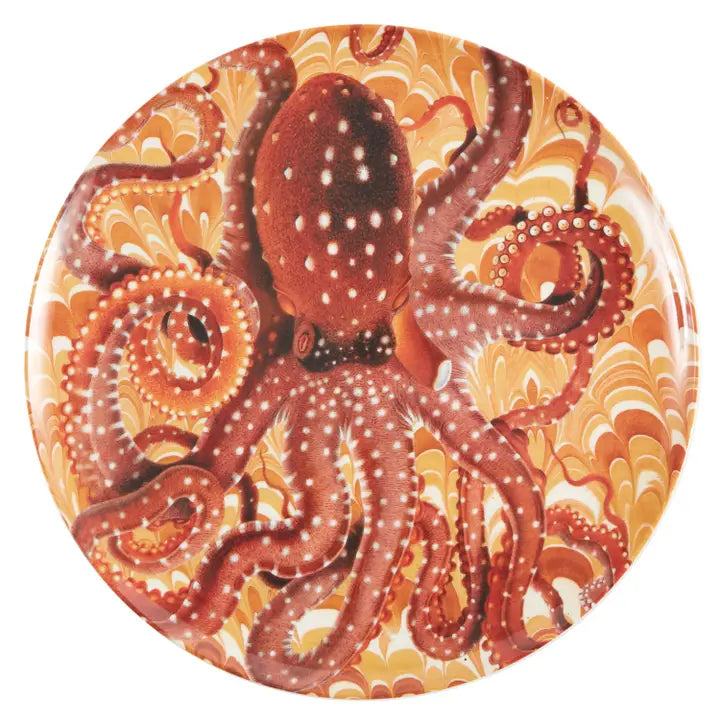 Orange octopus melamine dinner plate with detailed sea life artwork and a swirling marbleized background for coastal table settings.