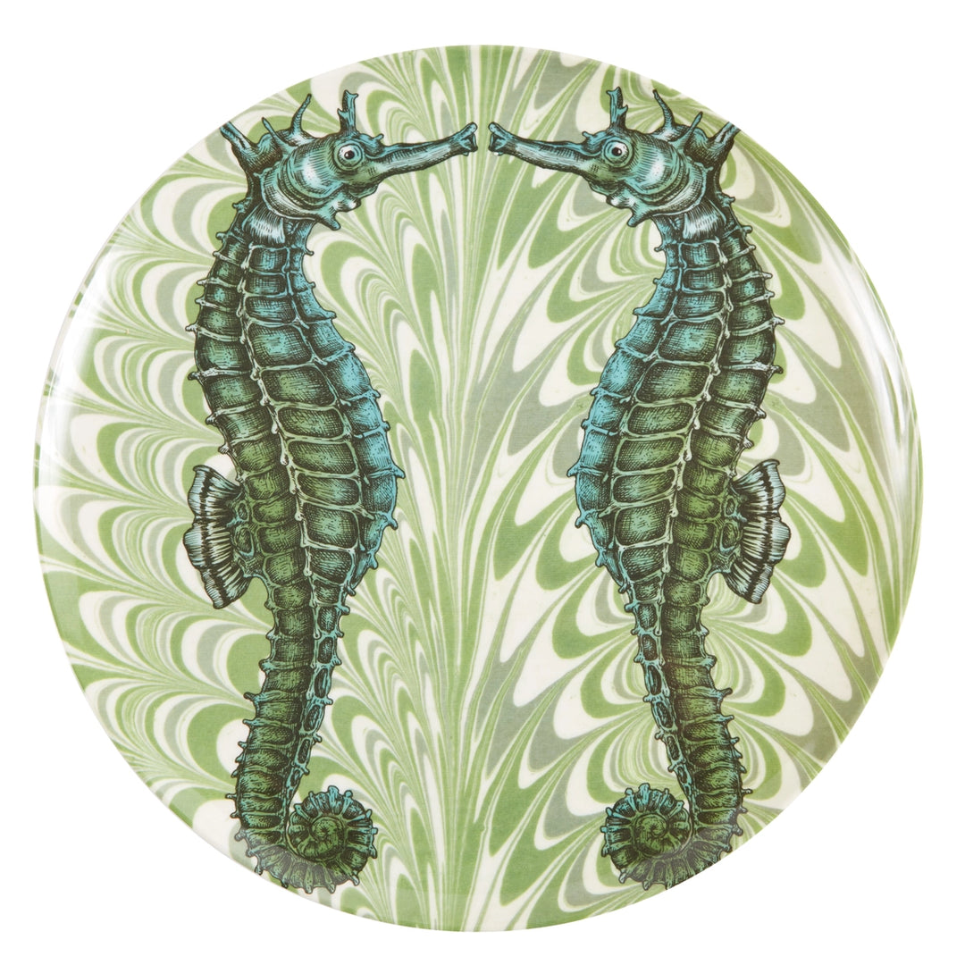 Green seahorse melamine dinner plate featuring mirrored seahorse artwork on an elegant seafoam marbleized background.