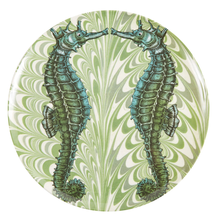Green seahorse melamine dinner plate featuring mirrored seahorse artwork on an elegant seafoam marbleized background.