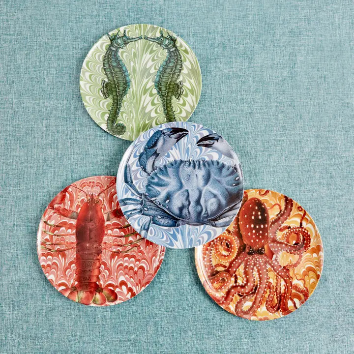 Coastal-inspired melamine dinner plate set styled together with colorful sea life artwork including crab, lobster, octopus, and seahorse designs.