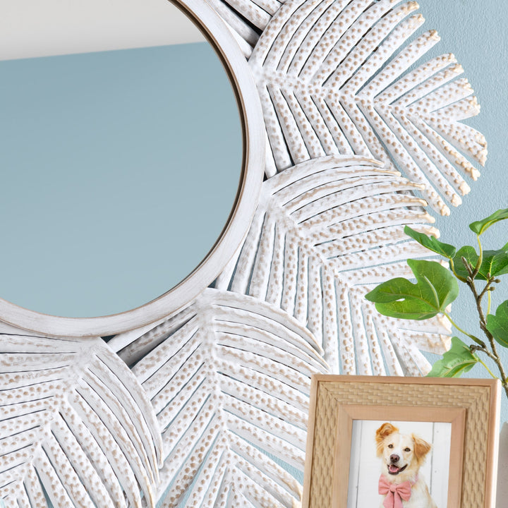 Palm Leaves Mirror - metal detailed leafs - round - 10 leafs - Coastal Compass Home Decor