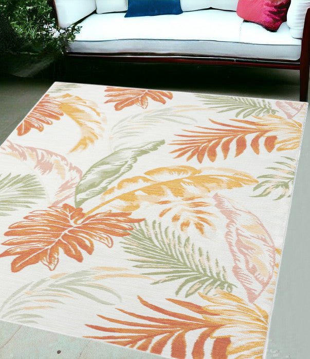 Palm Leaf Indoor/Outdoor Area Rug - Palm Leaves - Orange, Green, Yellow & Pink Leaves - Coastal Compass Home Decor