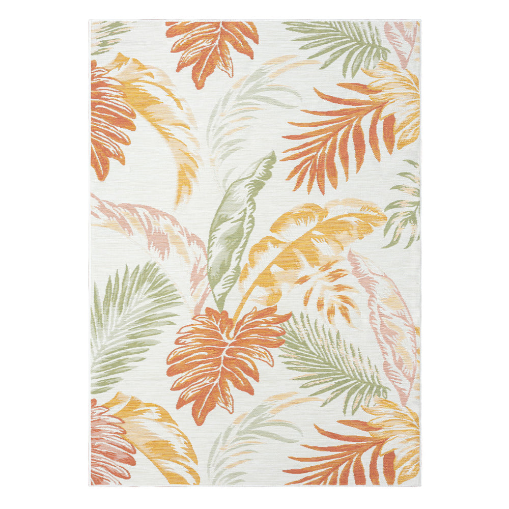 Palm Leaf Indoor/Outdoor Area Rug - Palm Leaves - Orange, Green, Yellow & Pink Leaves - Coastal Compass Home Decor
