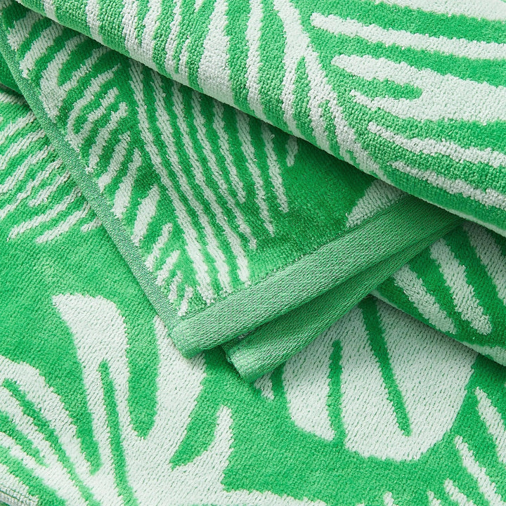 Palm & Stripes Cotton Velour Beach Towel Pack - green & white palm leaf & monstera leaf design - matching green & White stripe design - Coastal Compass Home Decor