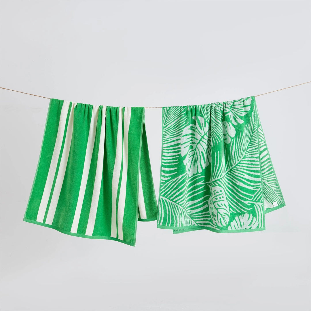 Palm & Stripes Cotton Velour Beach Towel Pack - green & white palm leaf & monstera leaf design - matching green & White stripe design - Coastal Compass Home Decor
