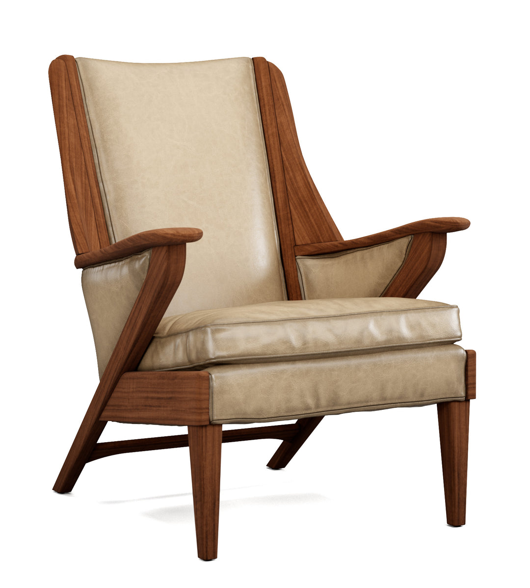 Chair with wooden frame and beige leather seat and backrest on a white background. Coastal Compass Home Decor