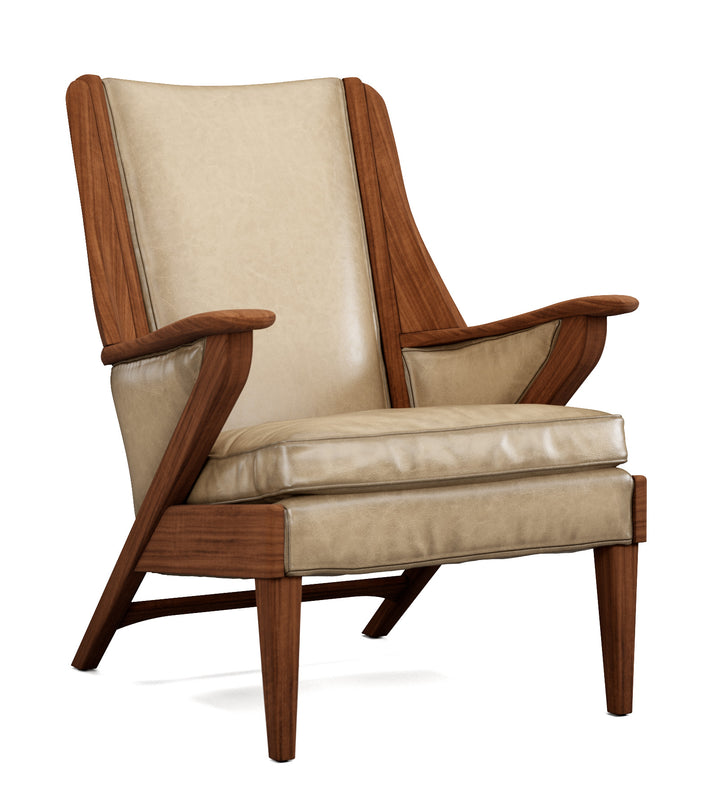 Chair with wooden frame and beige leather seat and backrest on a white background. Coastal Compass Home Decor