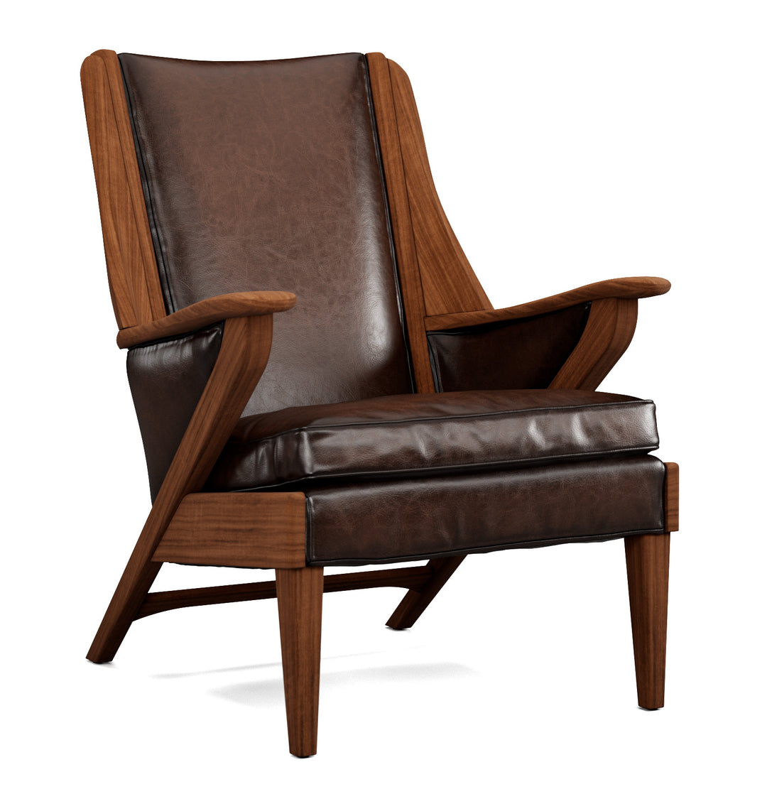 Brown leather armchair with wooden frame on a white background