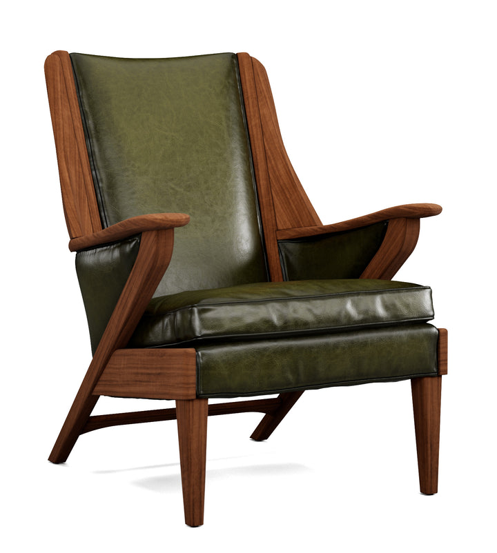 Green leather armchair with wooden frame on a white background. Coastal Compass Home Decor