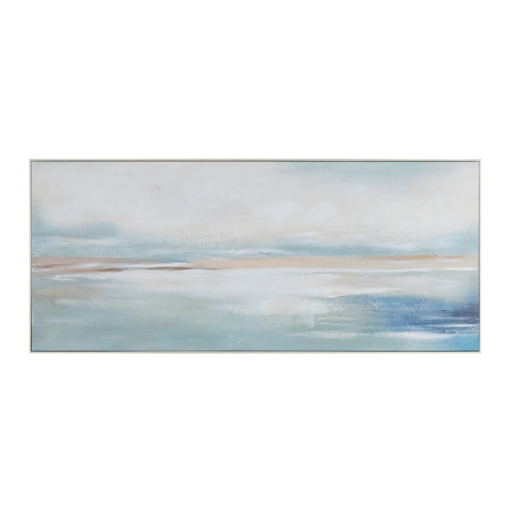 Abstract landscape painting with blue and beige tones on a white background