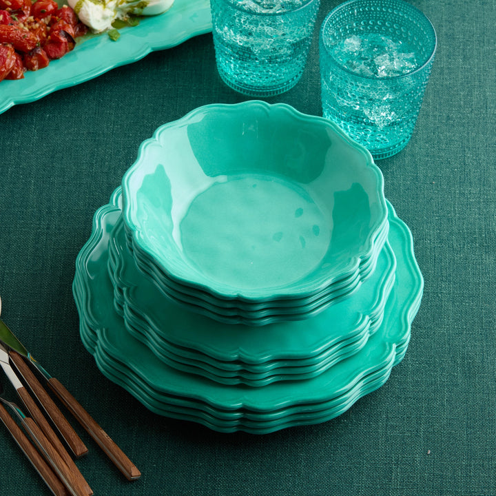 Perry Teal 12 Piece Setting - 4 All Purpose Bowls -  Salad Plates - 4 Dinner Plates - Coastal Compass Home Decor