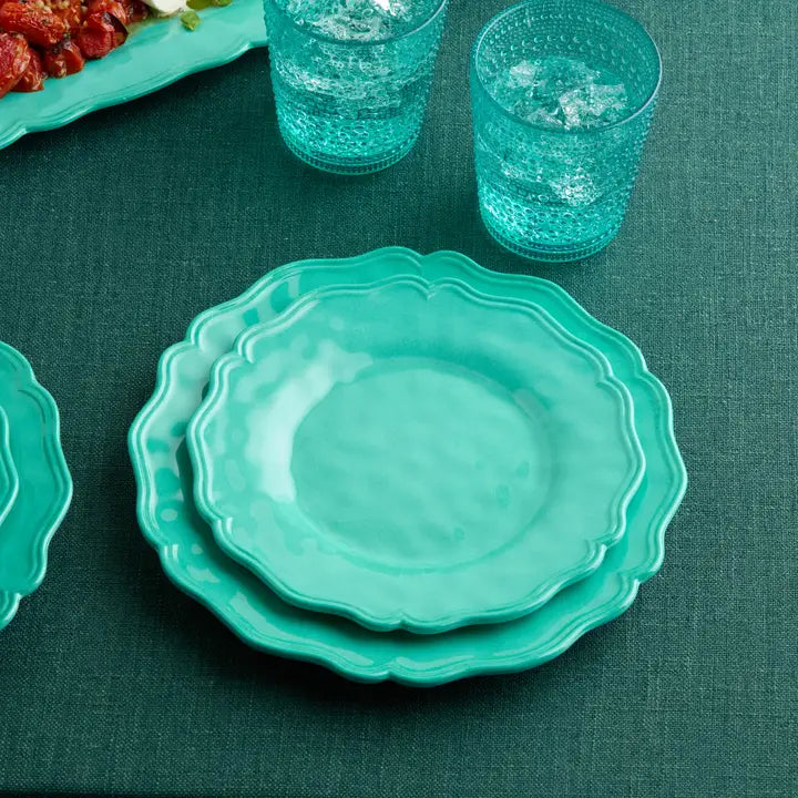 Perry Teal Dinner & Salad Plate Set - Melamine - Crackle Glaze Finish - Scalloped edges - Coastal Compass Home Decor