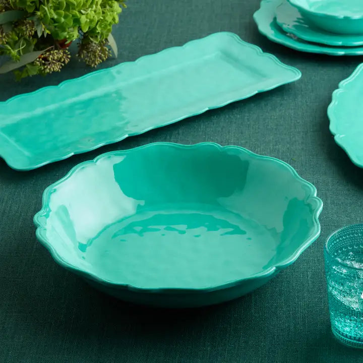 Perry Teal Large Serving Bowl & Rectangle Platter - Crackle Glaze Finish - Scalloped edges - Coastal Compass Home Decor