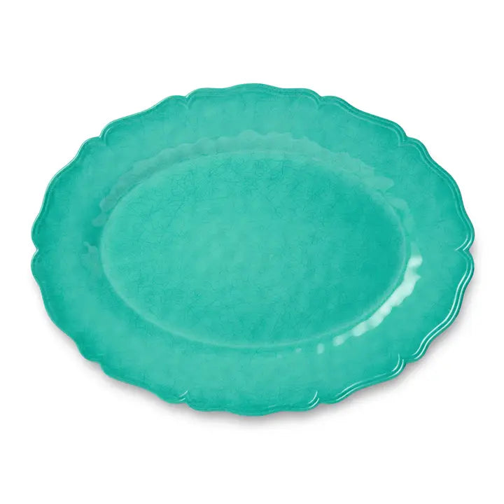 Perry Teal Oval Platter - Crackle Finish - Scalloped edges - Coastal Compass Home Decor