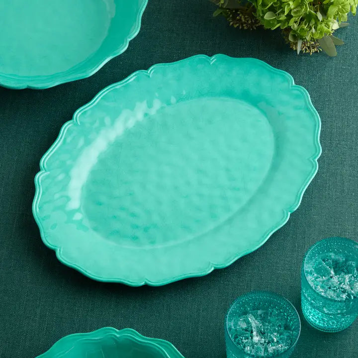 Perry Teal Oval Platter - Crackle Finish - Scalloped edges - Coastal Compass Home Decor