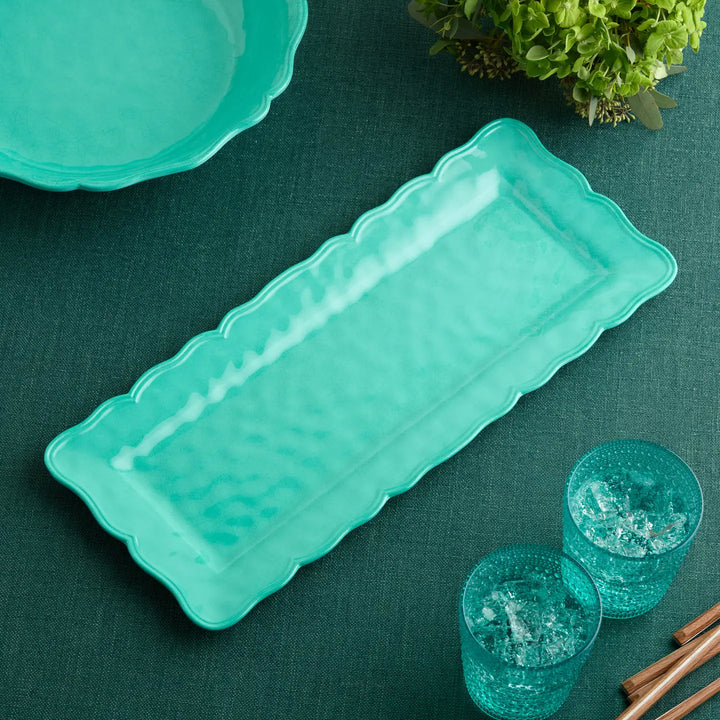 Perry Teal Rectangular Platter - Wave like edges - crackle glaze - Coastal Compass Home Decor