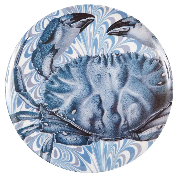 Blue crab melamine dinner plate with intricate coastal artwork and a blue marbleized background inspired by seaside entertaining.