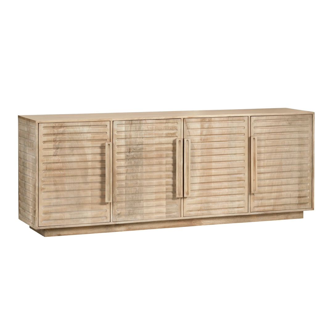 Natural wood coastal sideboard with textured carved doors and warm tones, a modern storage cabinet for dining or living spaces
