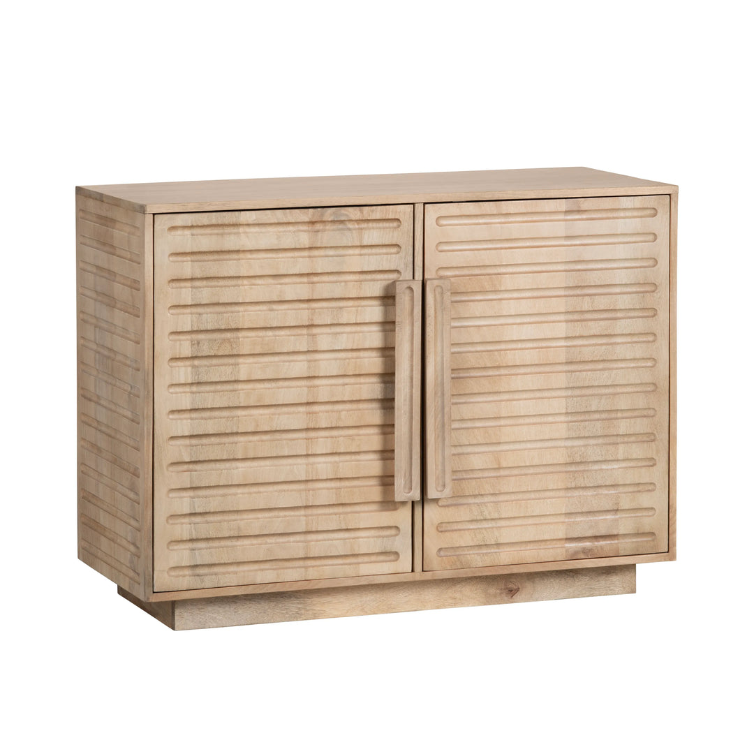 Port Baymouth 2-door cabinet angled view highlighting textured wood doors and modern coastal design