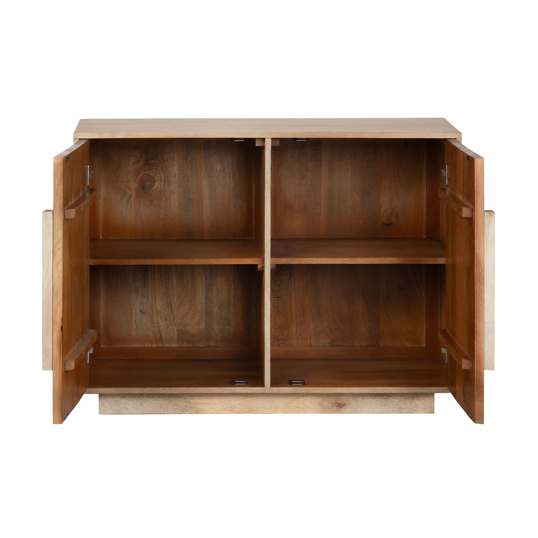 Port Baymouth cabinet interior with double doors open showing spacious wood shelving for storage