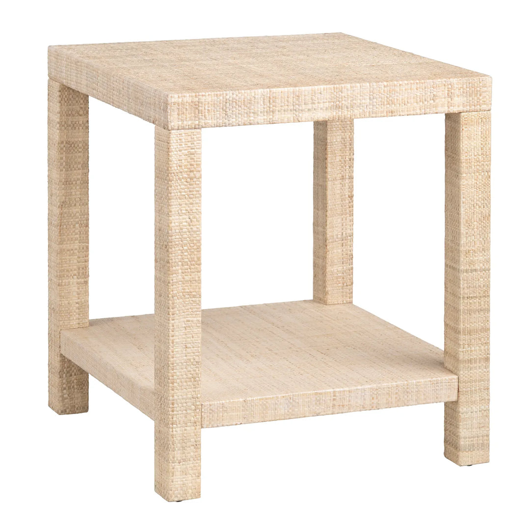 Rafia Woven End Table - Wood w/ woven rafia covering - 4 legs - shelf below - square shape - Coastal Compass Home Decor