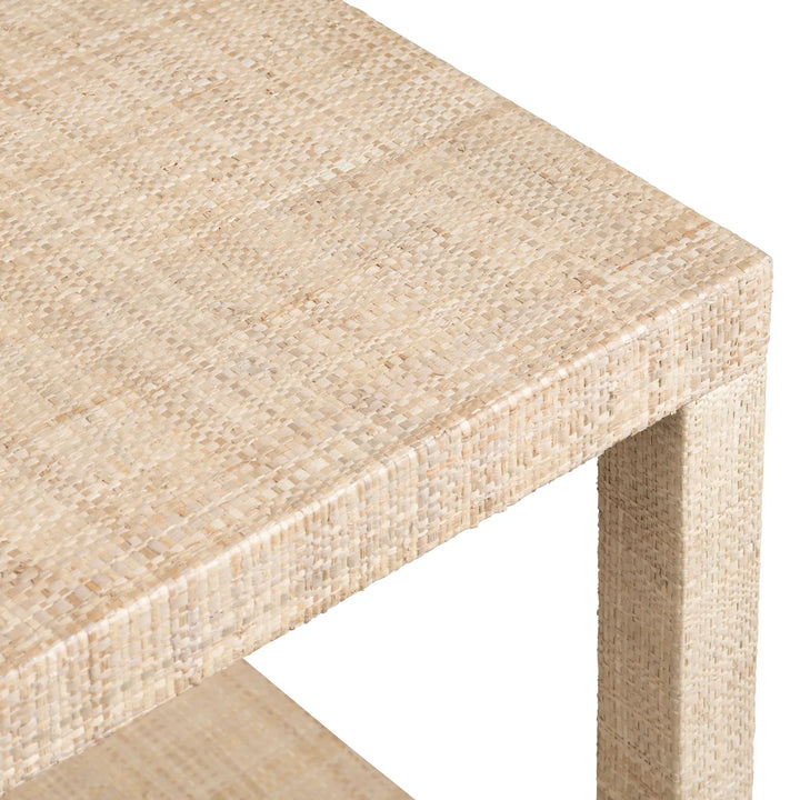 Rafia Woven End Table - Natural Wood w/ Rafia Woven finish - square shape - 4 legs - shelf below - Coastal Compass Home Decor