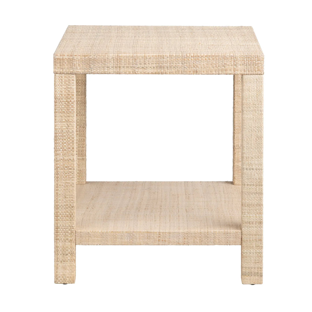 Rafia Woven End Table - Natural Wood w/ Rafia Woven finish - square shape - 4 legs - shelf below - Coastal Compass Home Decor