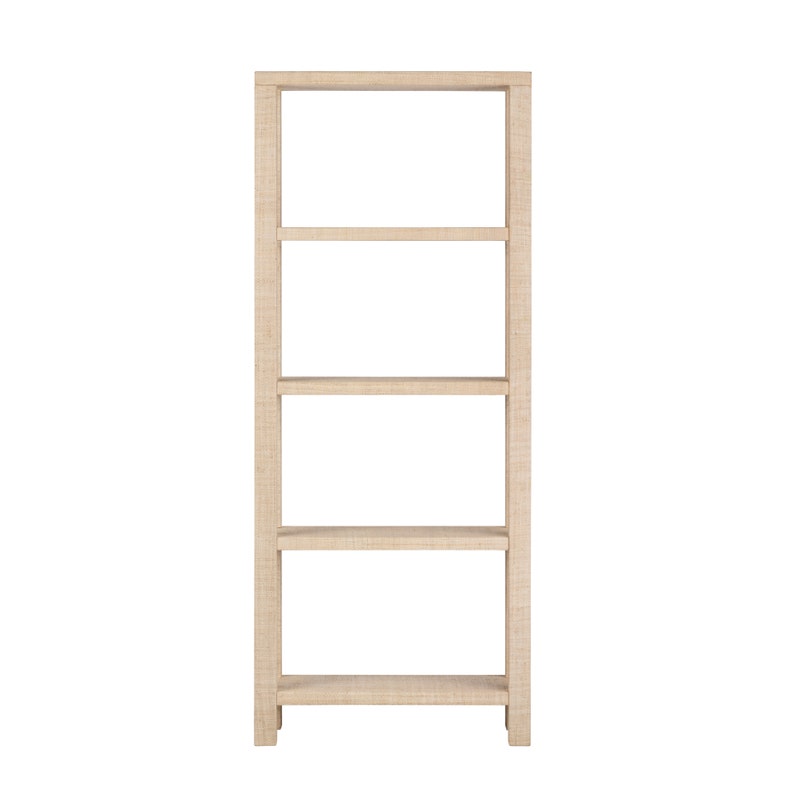 Rafia Woven Etagere - 5 shelves - Woven tan material - Mango wood frame - 4 legs - Coastal Compass Home Decor