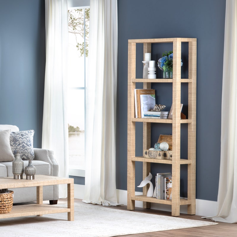 Rafia Woven Etagere - 5 shelves - Woven tan material - Mango wood frame - 4 legs - Coastal Compass Home Decor