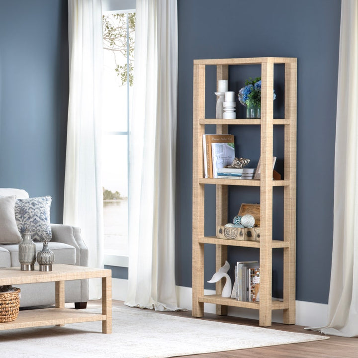 Rafia Woven Etagere - 5 shelves - Woven tan material - Mango wood frame - 4 legs - Coastal Compass Home Decor