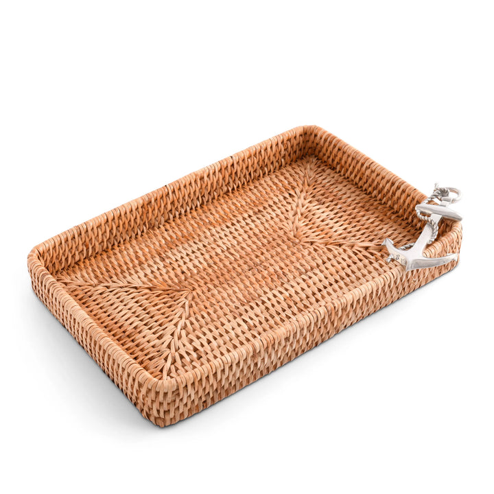 Woven Rattan Rectangle Anchor Tray - Rattan - Anchor Emblem - 12" x 9" - Coastal Compass Home Decor