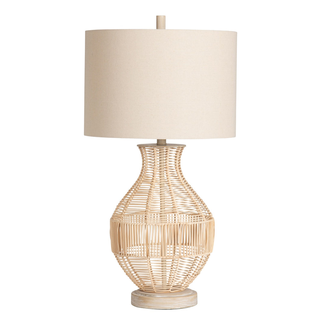 Rattan Table Lamp - Natural Rattan - Wooden Base - Oatmeal Linen Lamp Shade - Coastal Compass Home Decor