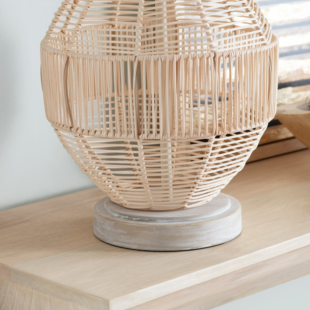 Rattan Table Lamp - Natural Rattan - Wooden Base - Oatmeal Linen Lamp Shade - Coastal Compass Home Decor