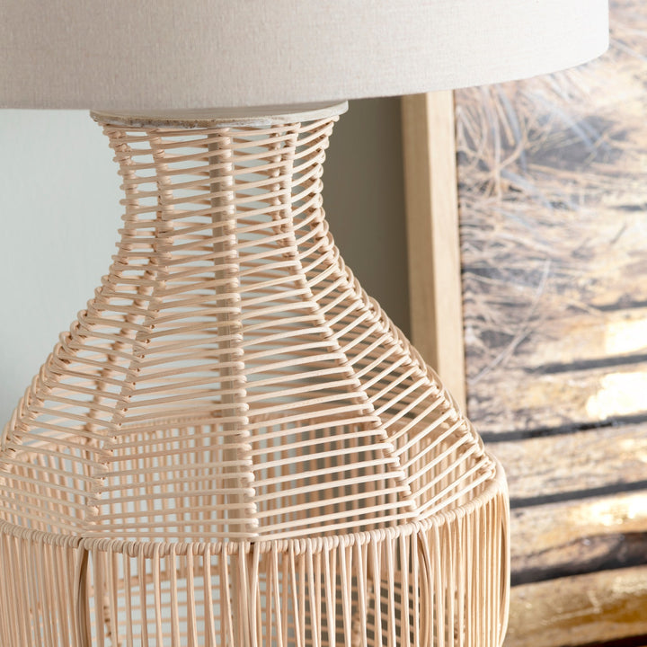 Rattan Table Lamp - Natural Rattan - Wooden Base - Oatmeal Linen Lamp Shade - Coastal Compass Home Decor