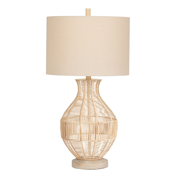 Rattan Table Lamp - Natural Rattan - Wooden Base - Oatmeal Linen Lamp Shade - Coastal Compass Home Decor