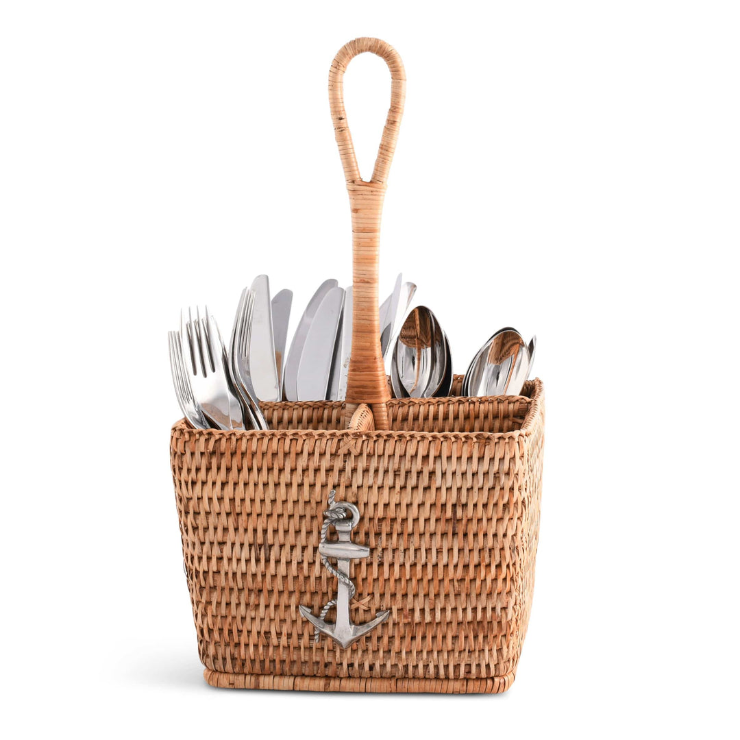 Rattan Anchor Flatware Caddy - Natural Rattan w pewter anchor - 4 compartments - rattan handle - Coastal Compass Home Decor
